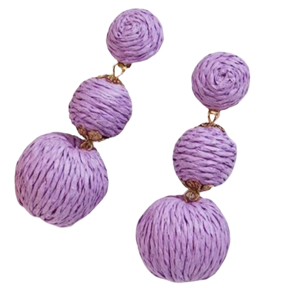 Chunky Lavender Raffia Rattan Earrings Wicker Statement Wicker Dangle 80s 90s